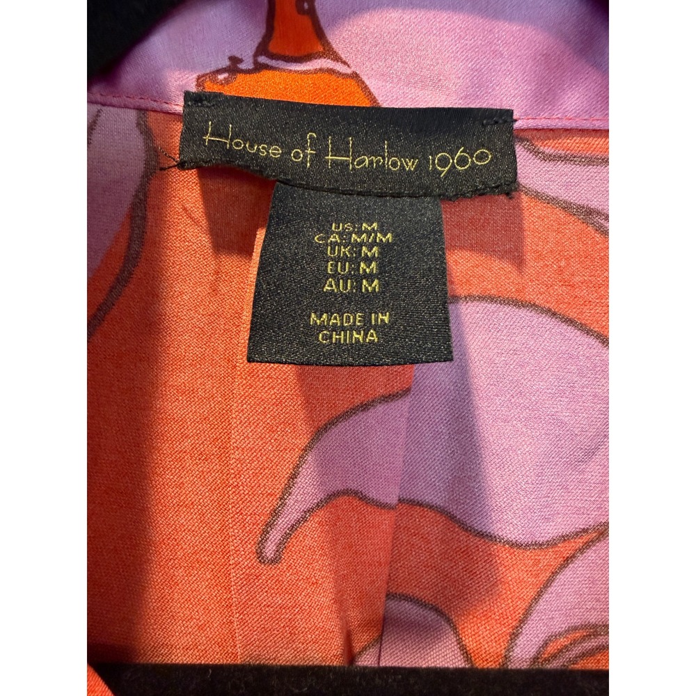 House of Harlow 1960 Orange‎ Lavender Floral Satin Button Down Shirt Medium - Picture 4 of 6